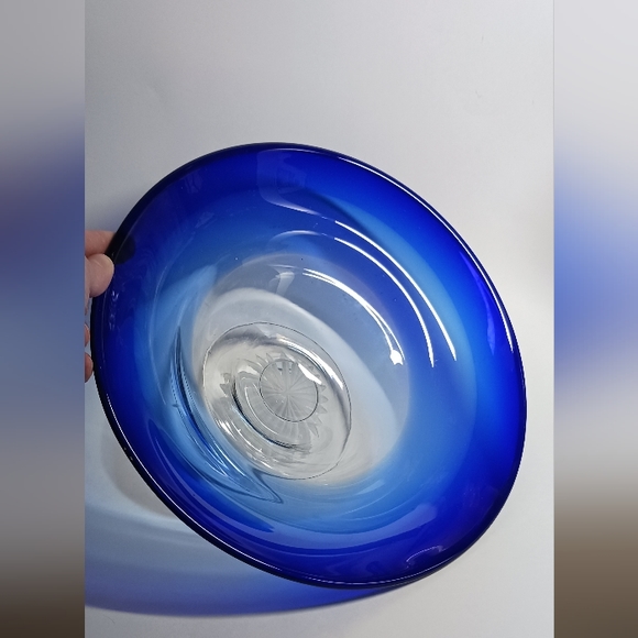 10" Cobalt Blue Cut Glass Decorative Bowl with Clear Base - Picture 4 of 7